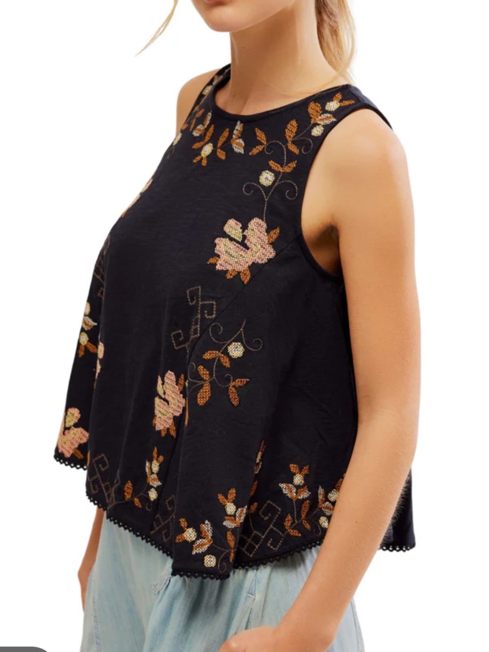 Free People Black Embroidered Floral Sleeveless Camisole